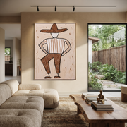 Spotted Brim Walks Lightly - Geometric Spotted Hat Figure painting by Adrian Lee, mid-century modern vertical wall art – styled room scene view 1