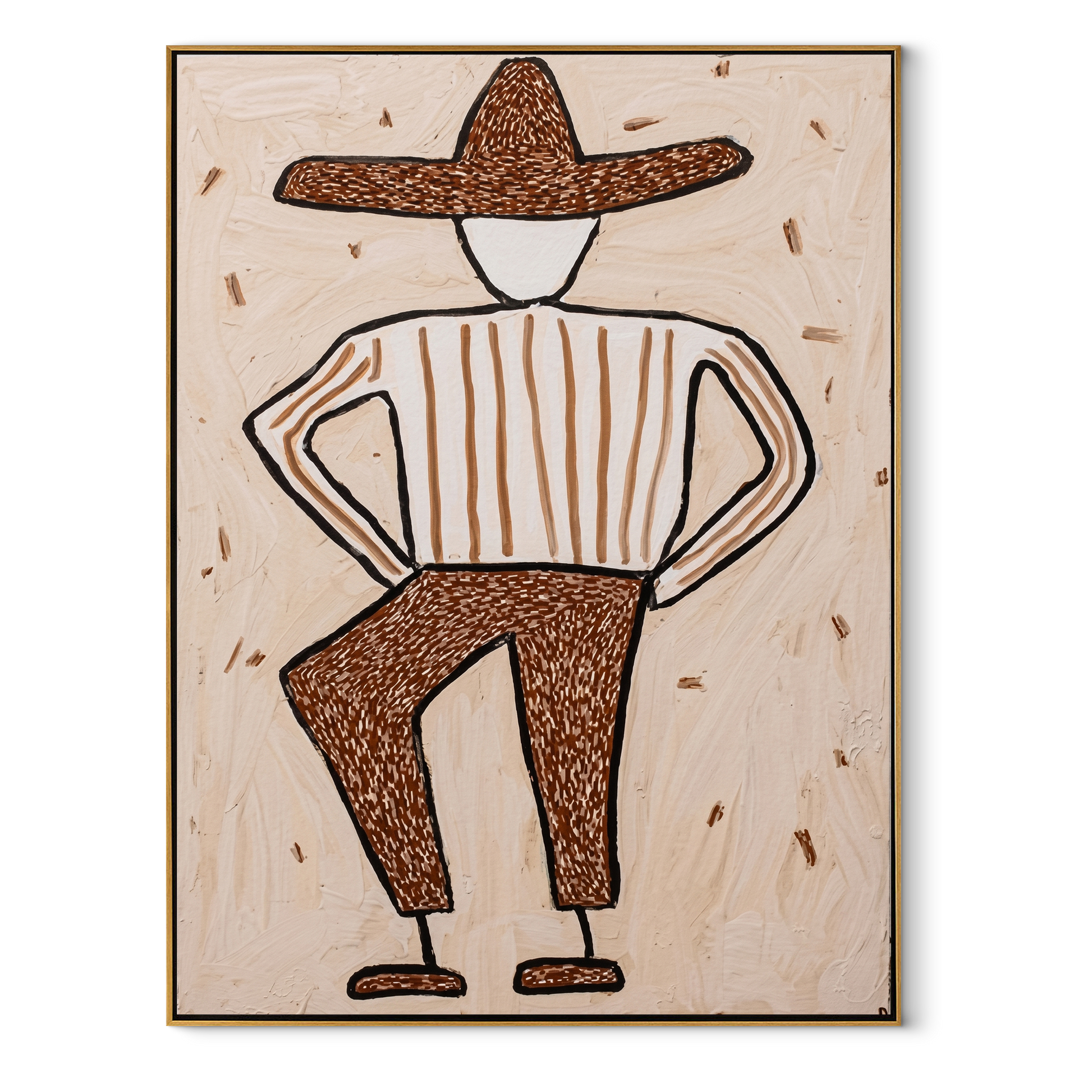 Spotted Brim Walks Lightly - Geometric Spotted Hat Figure painting by Adrian Lee, mid-century modern vertical wall art – wood frame on white background
