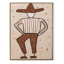 Spotted Brim Walks Lightly - Geometric Spotted Hat Figure painting by Adrian Lee, mid-century modern vertical wall art – wood frame on white background