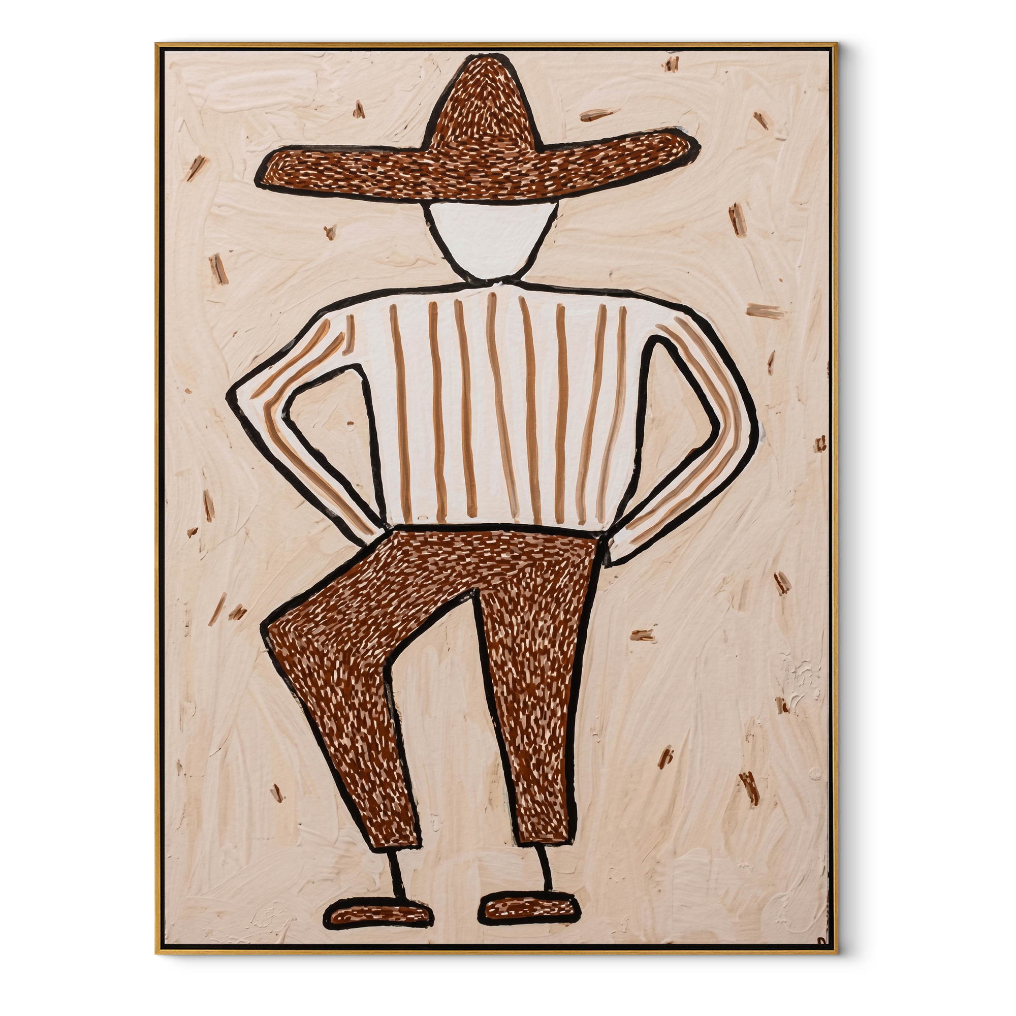 Spotted Brim Walks Lightly - Geometric Spotted Hat Figure painting by Adrian Lee, mid-century modern vertical wall art – wood frame on white background
