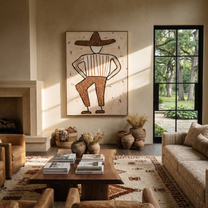 Spotted Brim Walks Lightly - Geometric Spotted Hat Figure painting by Adrian Lee, mid-century modern vertical wall art – styled room scene view 2