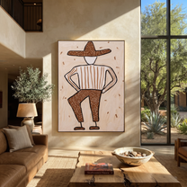 Spotted Brim Walks Lightly - Geometric Spotted Hat Figure painting by Adrian Lee, mid-century modern vertical wall art – styled room scene view 3