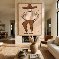 Spotted Brim Walks Lightly - Geometric Spotted Hat Figure painting by Adrian Lee, mid-century modern vertical wall art – styled room scene view 4