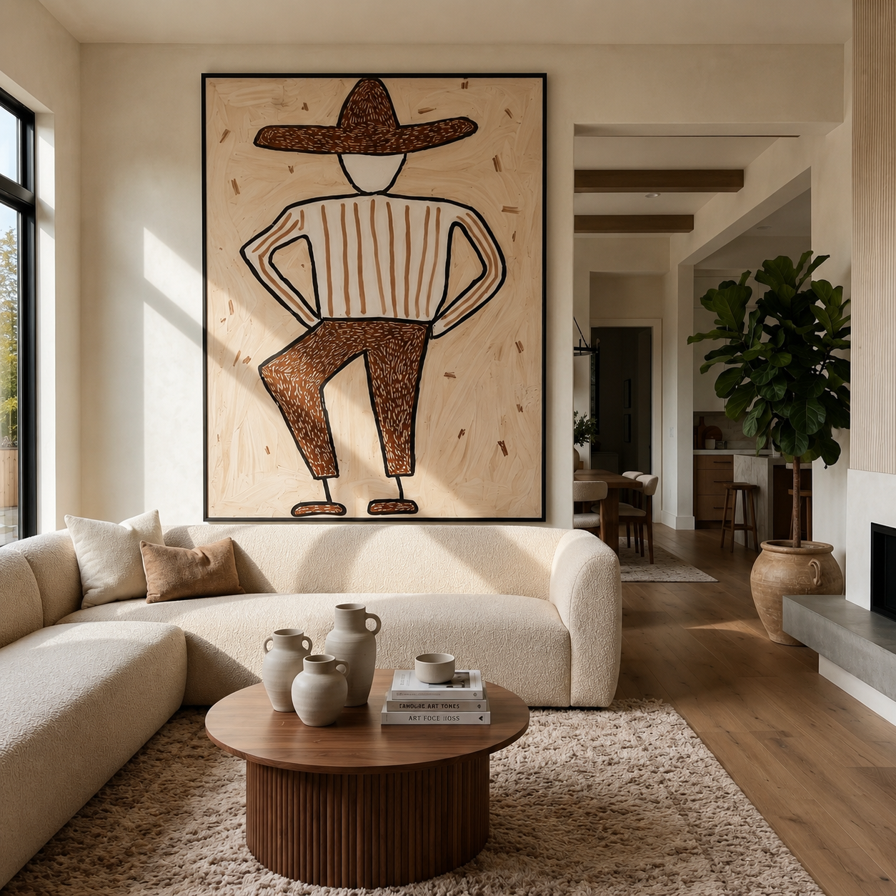 Spotted Brim Walks Lightly - Geometric Spotted Hat Figure painting by Adrian Lee, mid-century modern vertical wall art – styled room scene view 5
