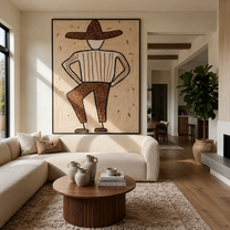 Spotted Brim Walks Lightly - Geometric Spotted Hat Figure painting by Adrian Lee, mid-century modern vertical wall art – styled room scene view 5