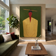 Golden Robe Holds Moss - Gold Robe Portrait painting by Adrian Lee, mid-century modern vertical wall art – styled room scene view 1