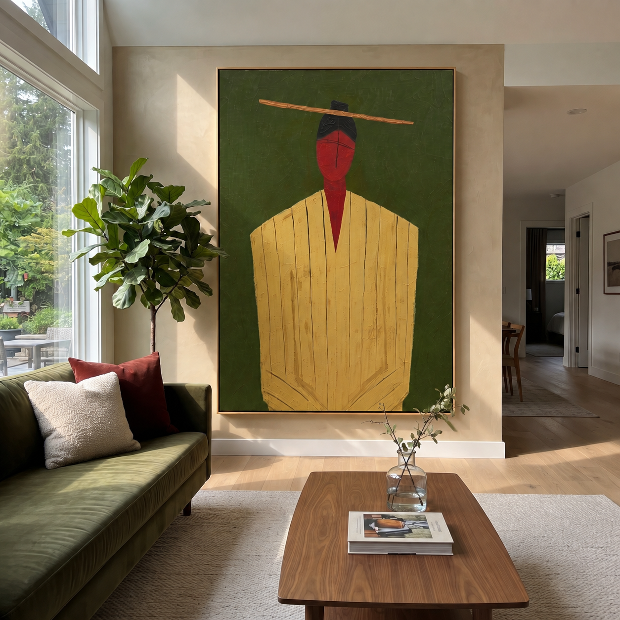 Golden Robe Holds Moss - Gold Robe Portrait painting by Adrian Lee, mid-century modern vertical wall art – styled room scene view 1