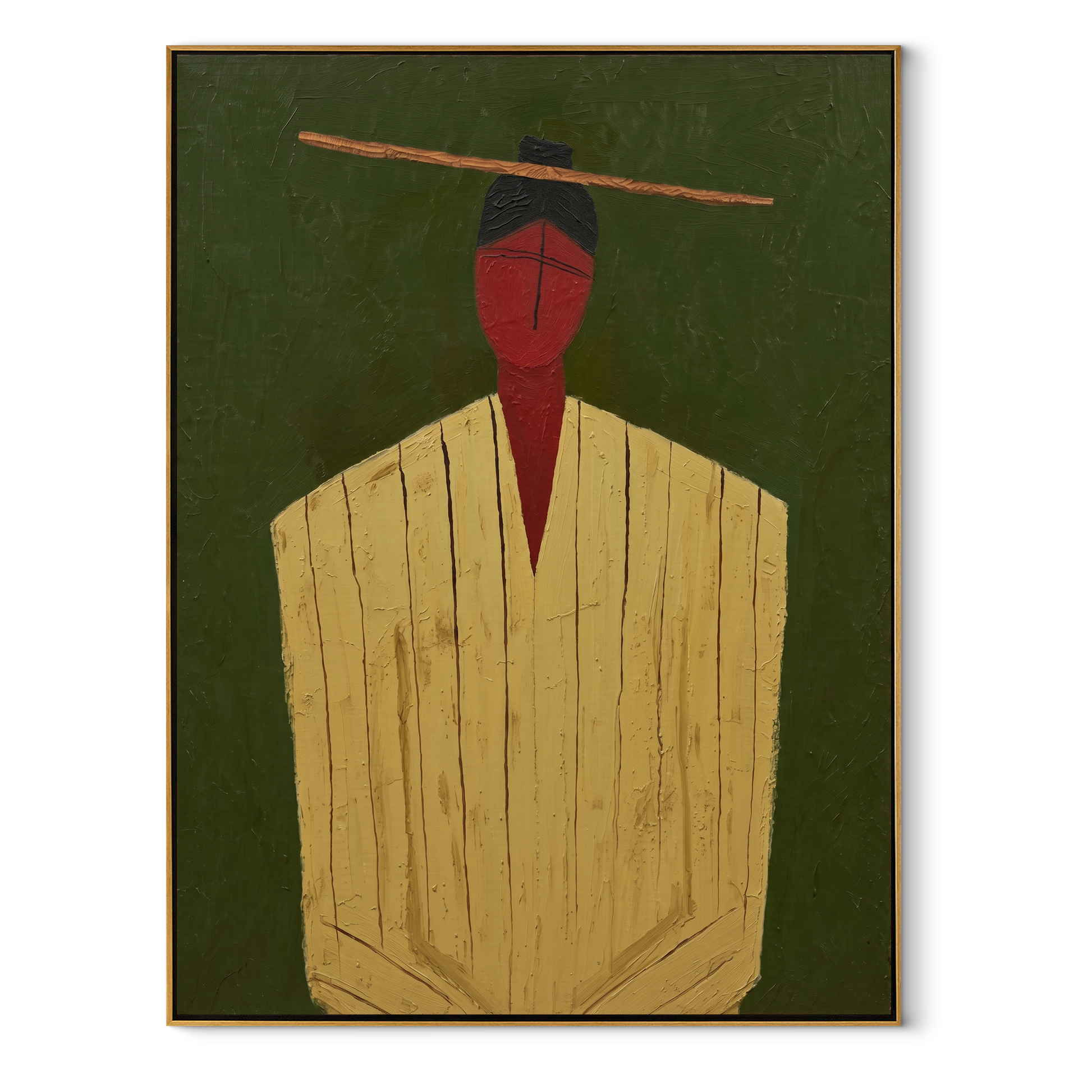 Golden Robe Holds Moss - Gold Robe Portrait painting by Adrian Lee, mid-century modern vertical wall art – wood frame on white background