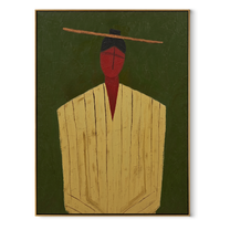 Golden Robe Holds Moss - Gold Robe Portrait painting by Adrian Lee, mid-century modern vertical wall art – wood frame on white background