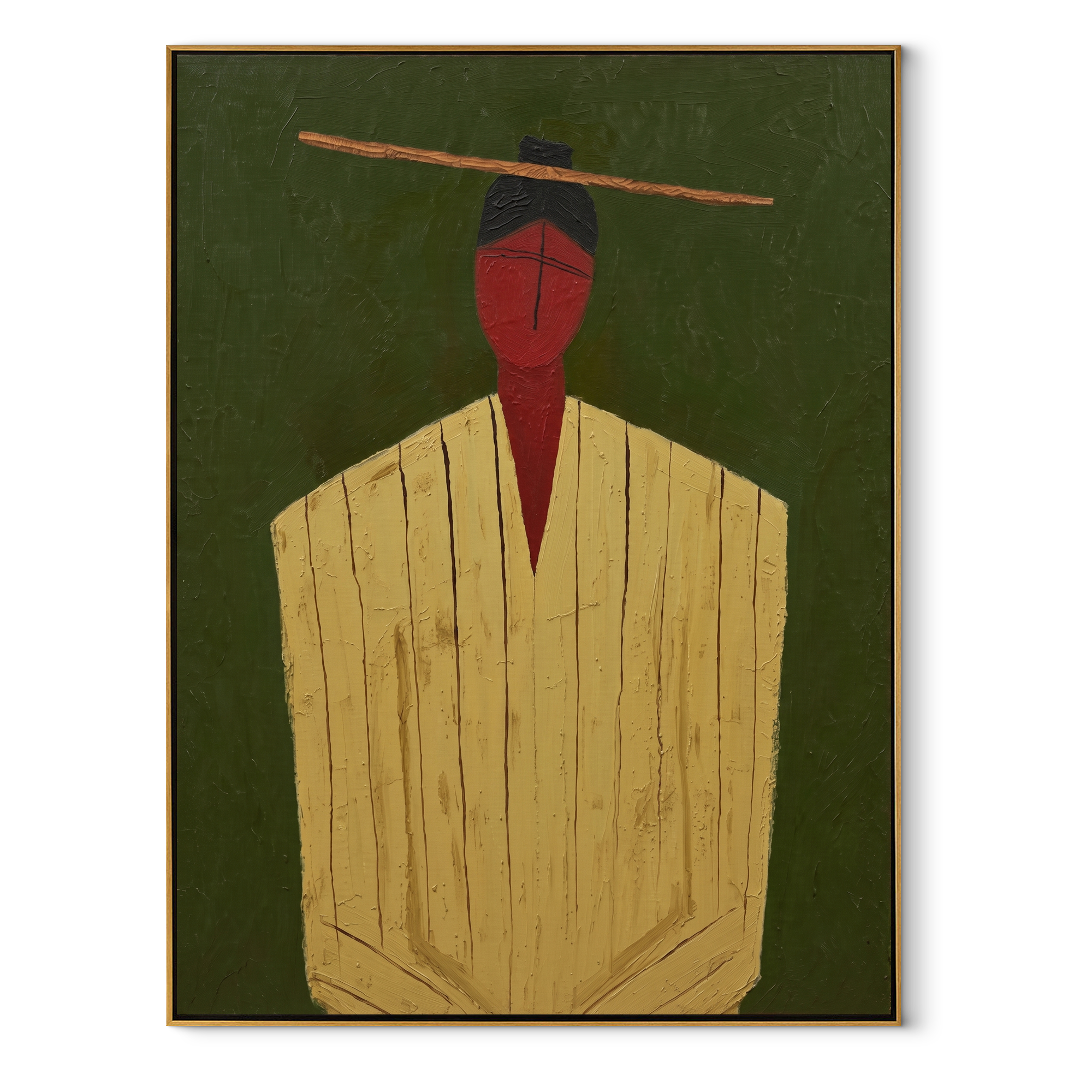Golden Robe Holds Moss - Gold Robe Portrait painting by Adrian Lee, mid-century modern vertical wall art – wood frame on white background