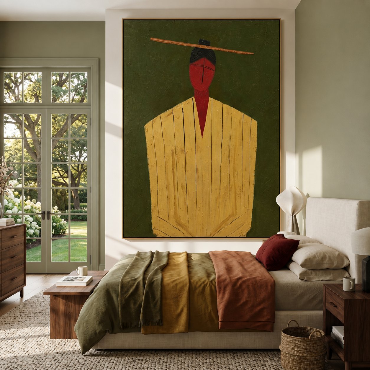 Golden Robe Holds Moss - Gold Robe Portrait painting by Adrian Lee, mid-century modern vertical wall art – styled room scene view 2