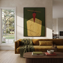 Golden Robe Holds Moss - Gold Robe Portrait painting by Adrian Lee, mid-century modern vertical wall art – styled room scene view 3