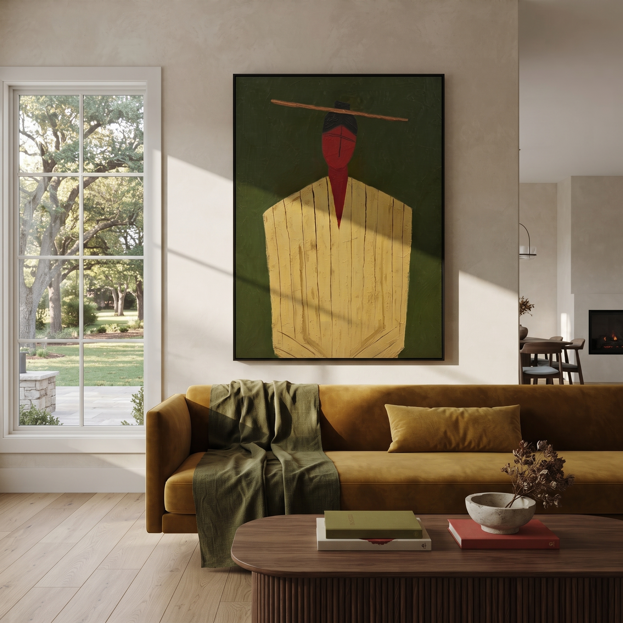 Golden Robe Holds Moss - Gold Robe Portrait painting by Adrian Lee, mid-century modern vertical wall art – styled room scene view 3