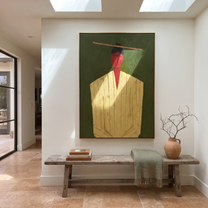 Golden Robe Holds Moss - Gold Robe Portrait painting by Adrian Lee, mid-century modern vertical wall art – styled room scene view 4