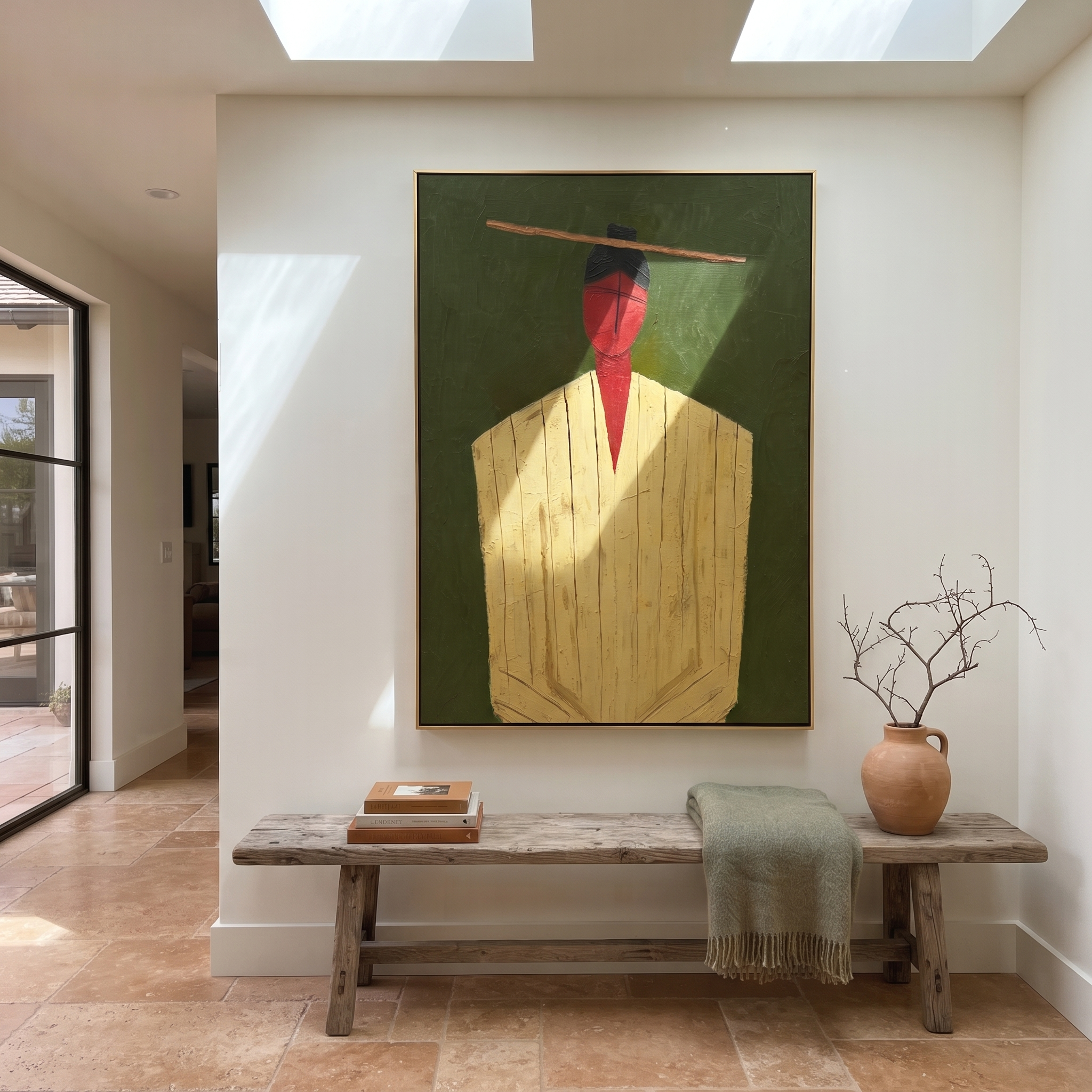 Golden Robe Holds Moss - Gold Robe Portrait painting by Adrian Lee, mid-century modern vertical wall art – styled room scene view 4