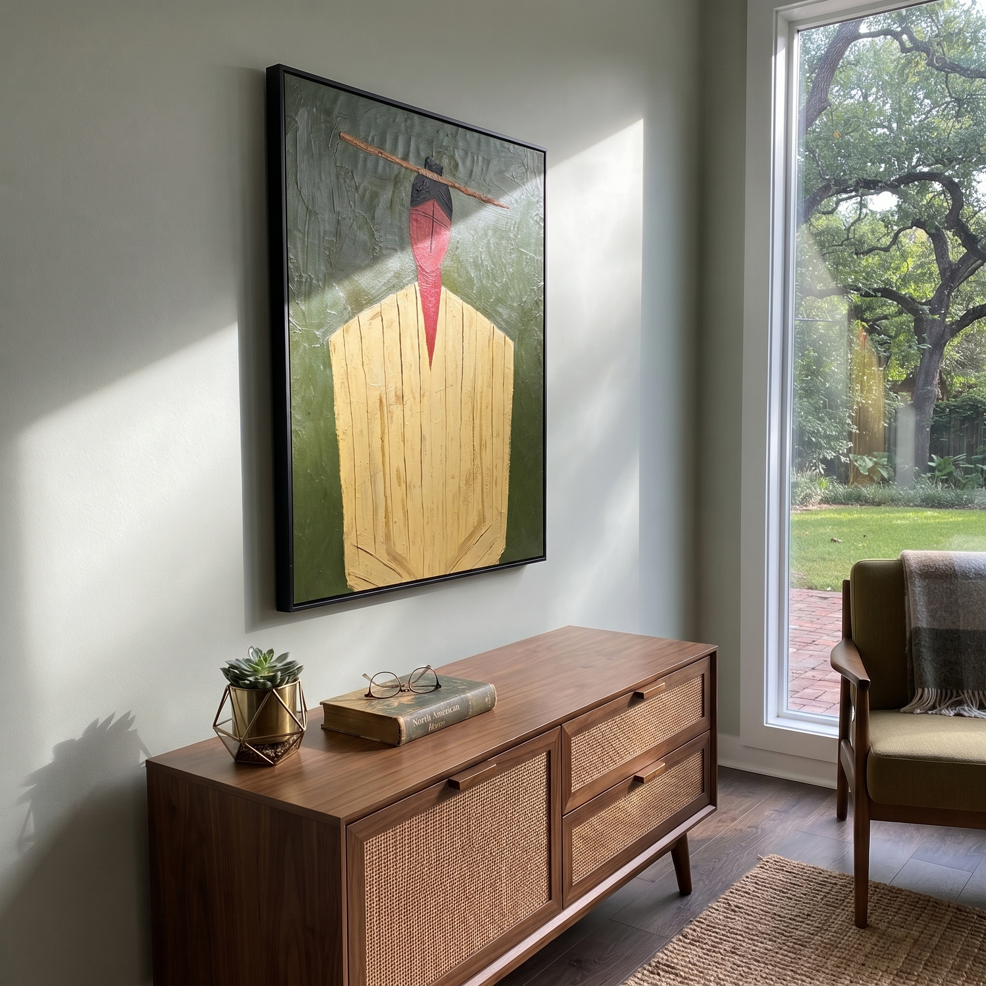 Golden Robe Holds Moss - Gold Robe Portrait painting by Adrian Lee, mid-century modern vertical wall art – styled room scene view 5