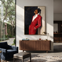 Scarlet Suit Leans into Night - Leaning Red Suit Figure painting by Adrian Lee, mid-century modern vertical wall art – styled room scene view 1
