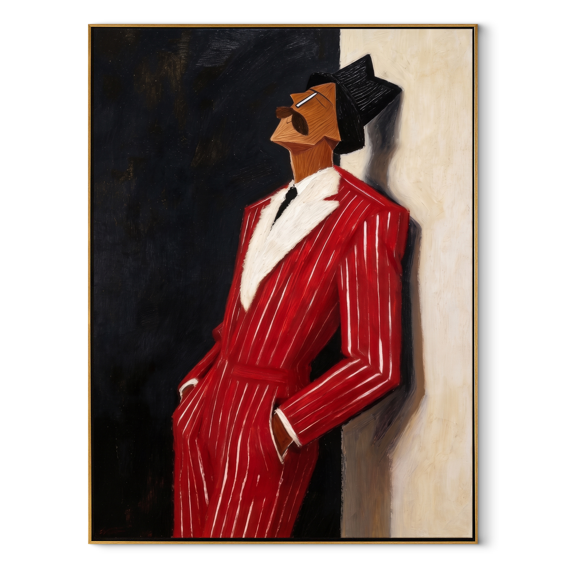 Scarlet Suit Leans into Night - Leaning Red Suit Figure painting by Adrian Lee, mid-century modern vertical wall art – wood frame on white background