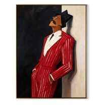 Scarlet Suit Leans into Night - Leaning Red Suit Figure painting by Adrian Lee, mid-century modern vertical wall art – wood frame on white background