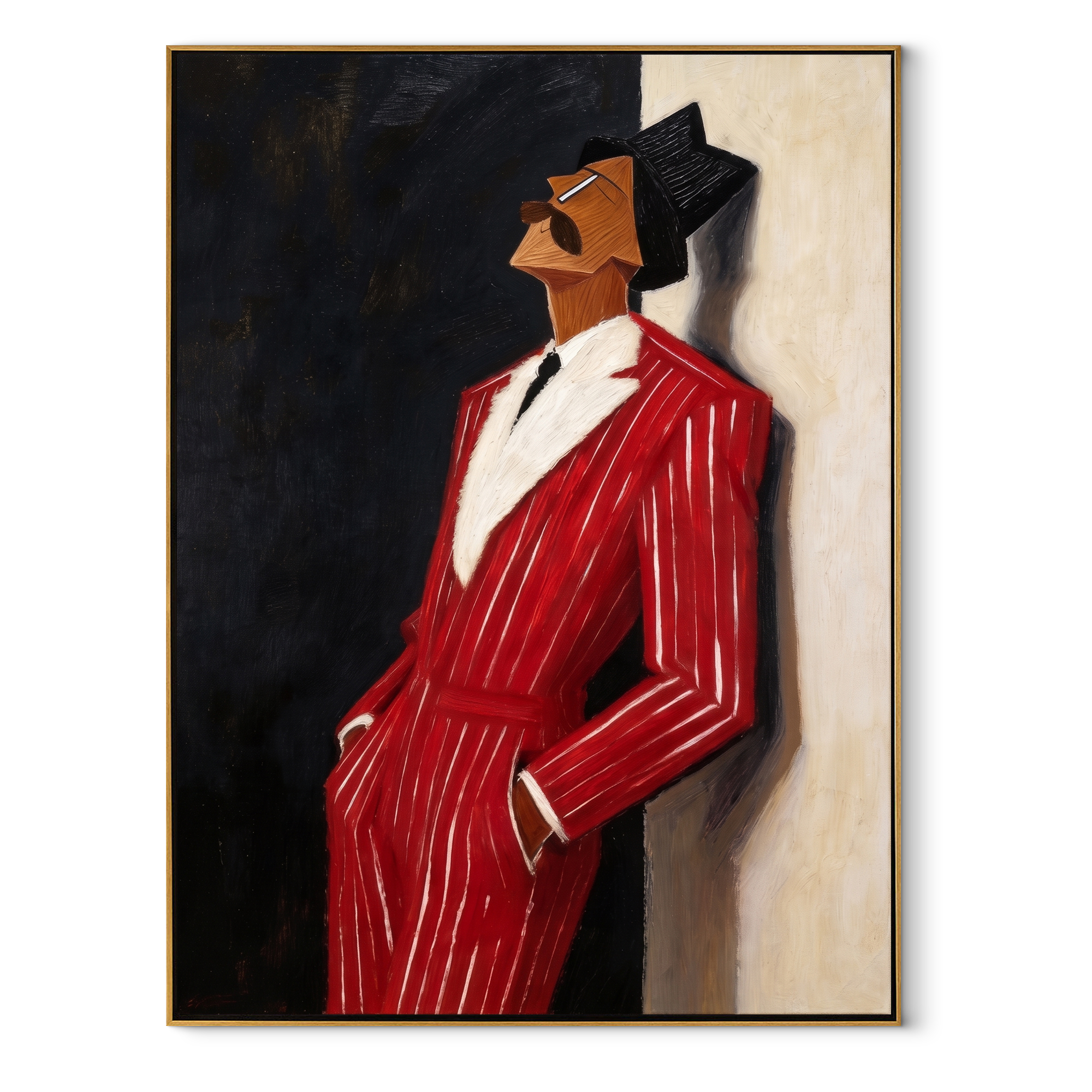 Scarlet Suit Leans into Night - Leaning Red Suit Figure painting by Adrian Lee, mid-century modern vertical wall art – wood frame on white background
