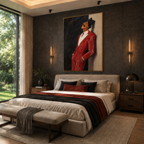 Scarlet Suit Leans into Night - Leaning Red Suit Figure painting by Adrian Lee, mid-century modern vertical wall art – styled room scene view 2