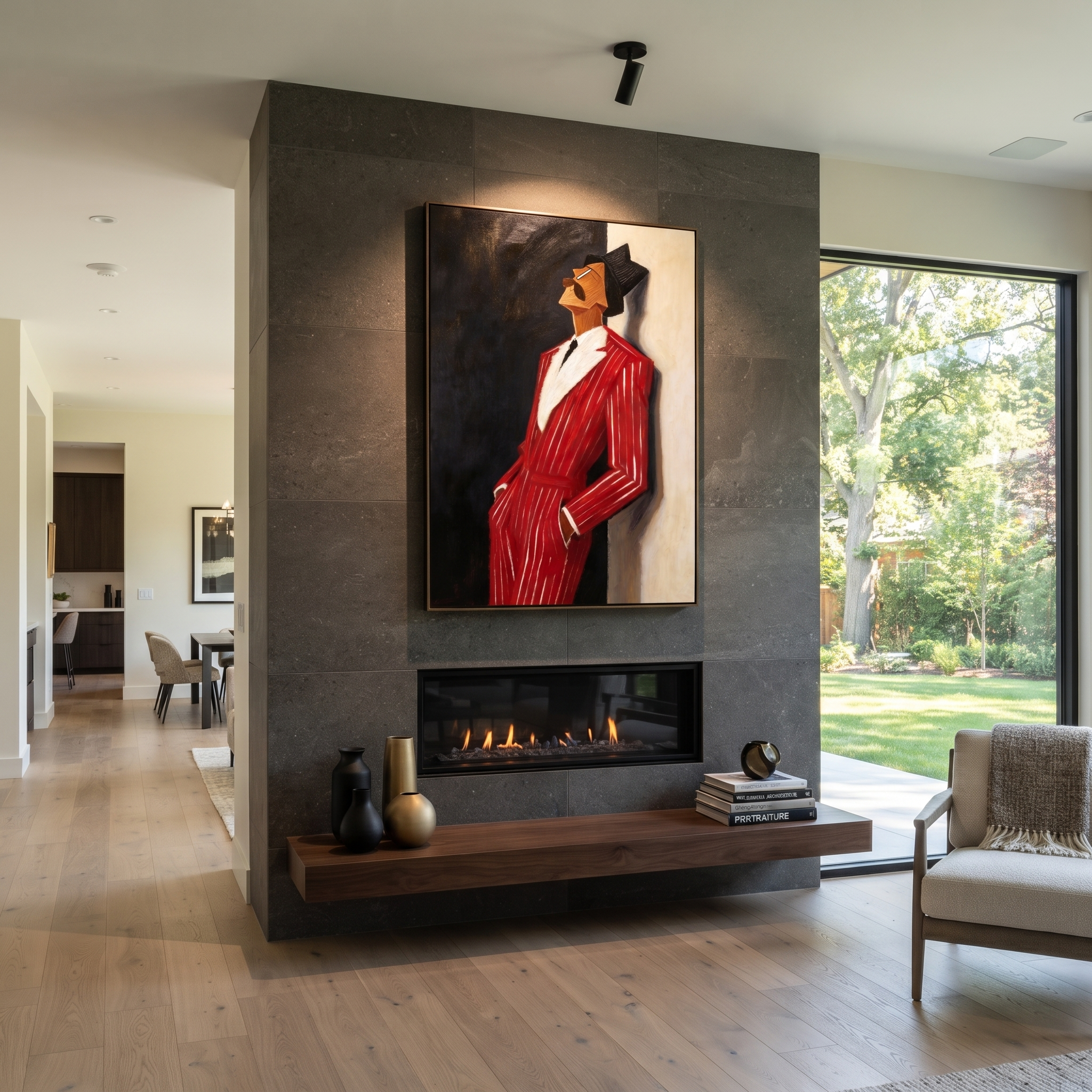 Scarlet Suit Leans into Night - Leaning Red Suit Figure painting by Adrian Lee, mid-century modern vertical wall art – styled room scene view 3