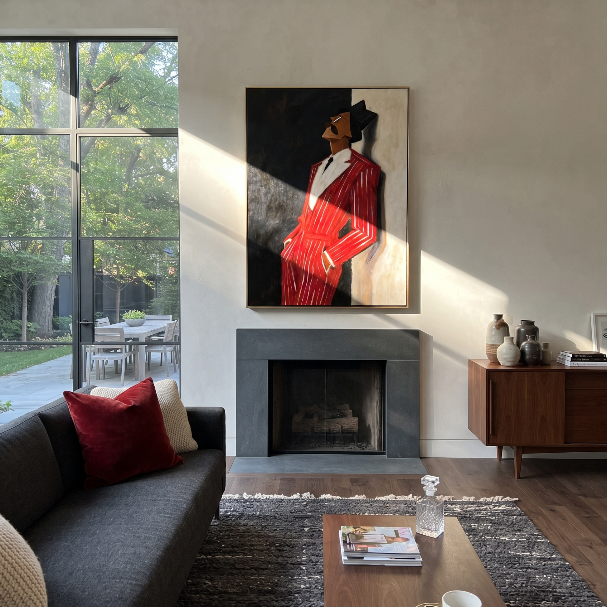 Scarlet Suit Leans into Night - Leaning Red Suit Figure painting by Adrian Lee, mid-century modern vertical wall art – styled room scene view 4