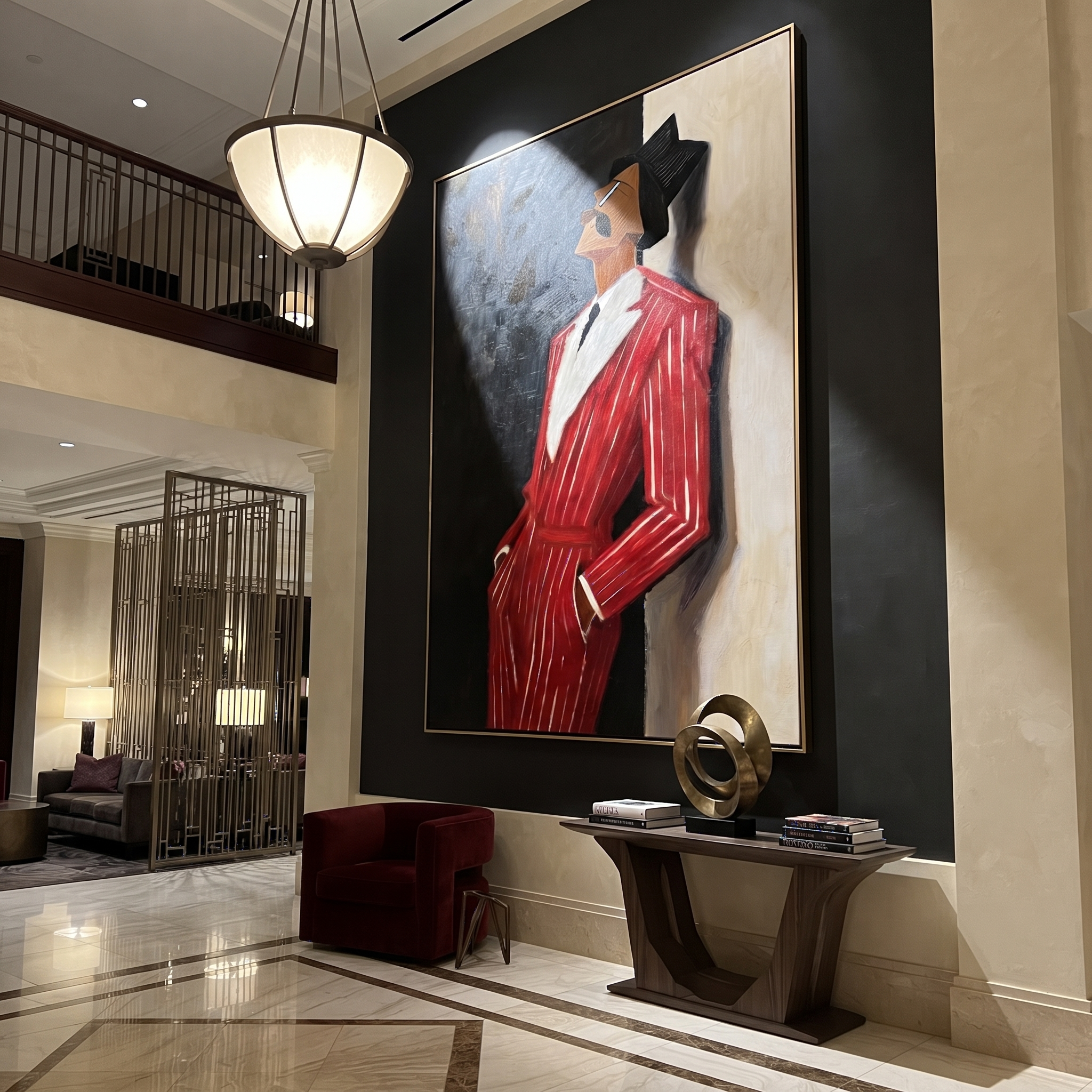 Scarlet Suit Leans into Night - Leaning Red Suit Figure painting by Adrian Lee, mid-century modern vertical wall art – styled room scene view 5