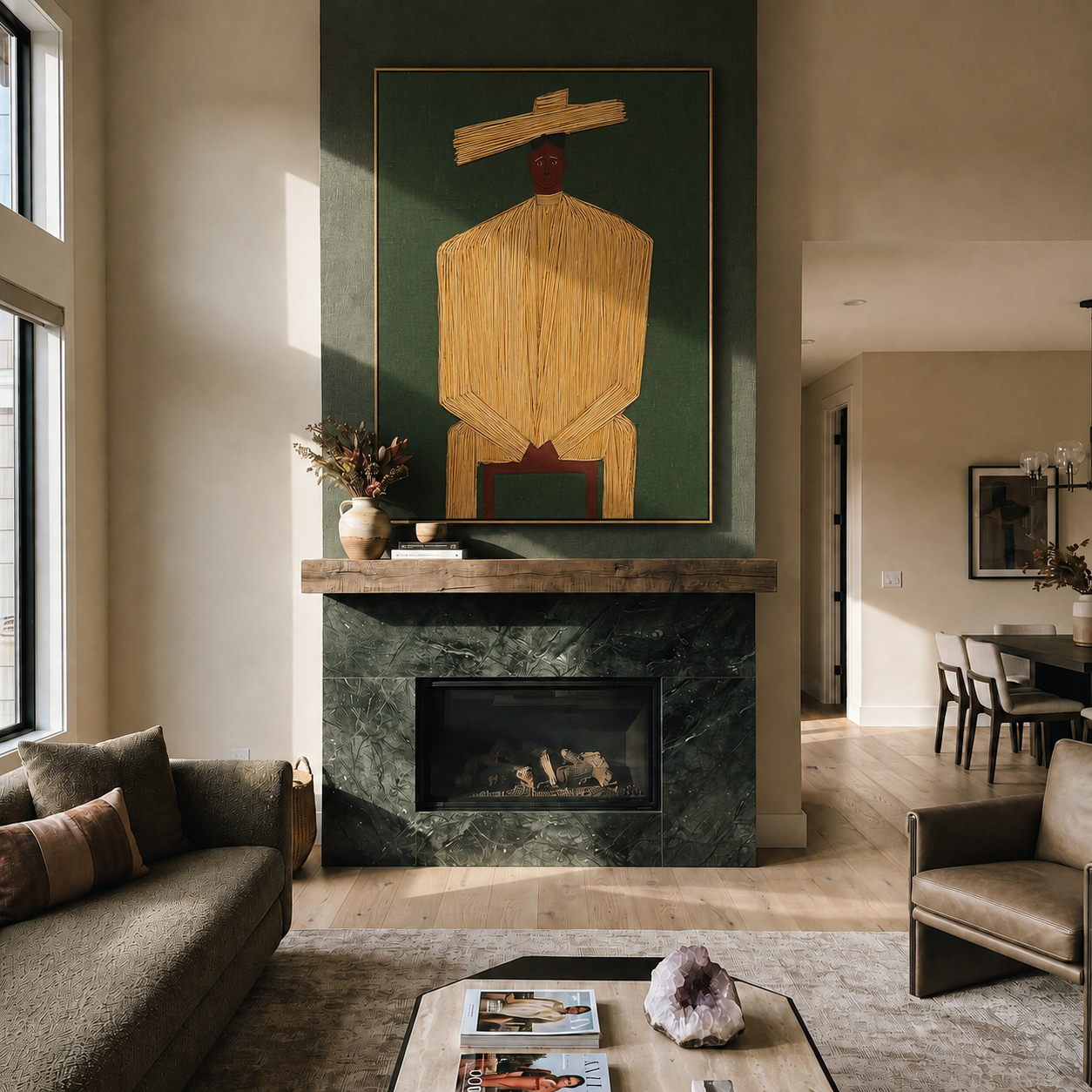 Golden Stillness Takes a Seat - Seated Gold Robe Figure painting by Adrian Lee, mid-century modern vertical wall art – styled room scene view 1