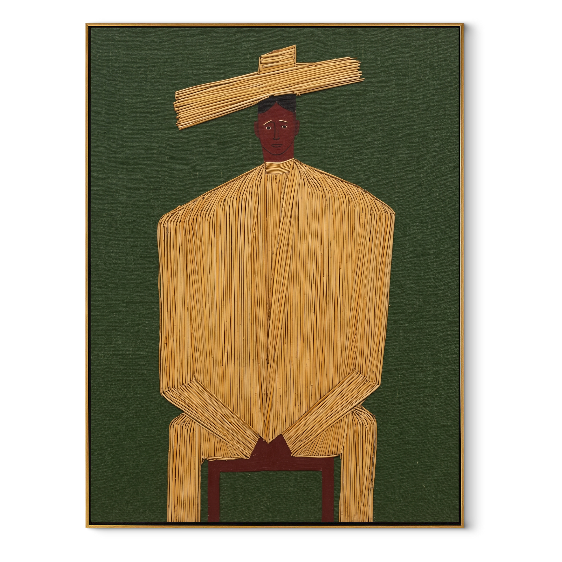 Golden Stillness Takes a Seat - Seated Gold Robe Figure painting by Adrian Lee, mid-century modern vertical wall art – wood frame on white background