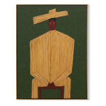Golden Stillness Takes a Seat - Seated Gold Robe Figure painting by Adrian Lee, mid-century modern vertical wall art – wood frame on white background
