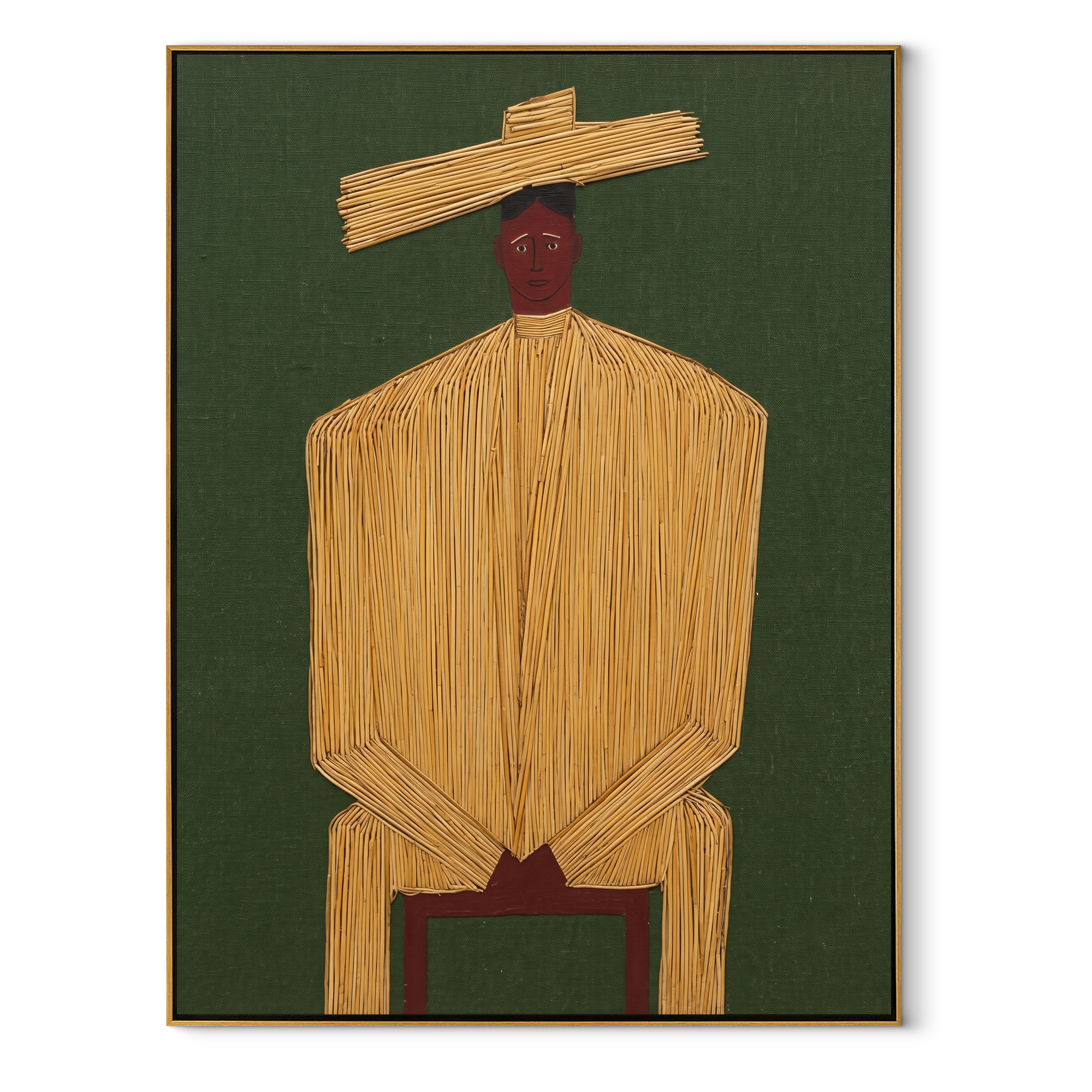 Golden Stillness Takes a Seat - Seated Gold Robe Figure painting by Adrian Lee, mid-century modern vertical wall art – wood frame on white background