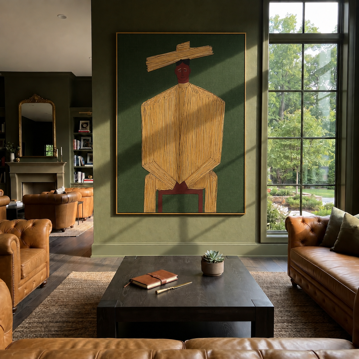 Golden Stillness Takes a Seat - Seated Gold Robe Figure painting by Adrian Lee, mid-century modern vertical wall art – styled room scene view 2