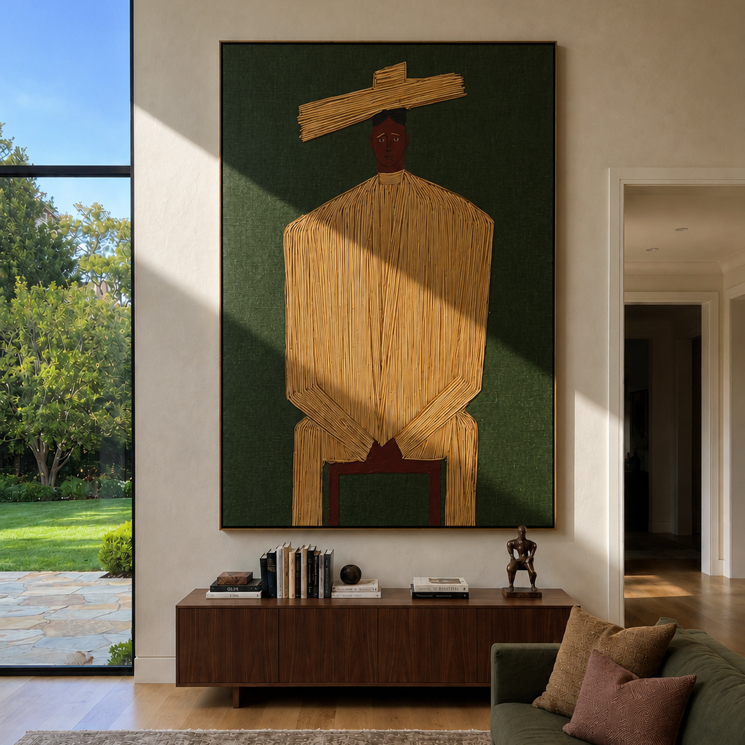 Golden Stillness Takes a Seat - Seated Gold Robe Figure painting by Adrian Lee, mid-century modern vertical wall art – styled room scene view 3