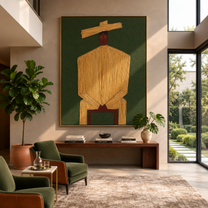 Golden Stillness Takes a Seat - Seated Gold Robe Figure painting by Adrian Lee, mid-century modern vertical wall art – styled room scene view 4