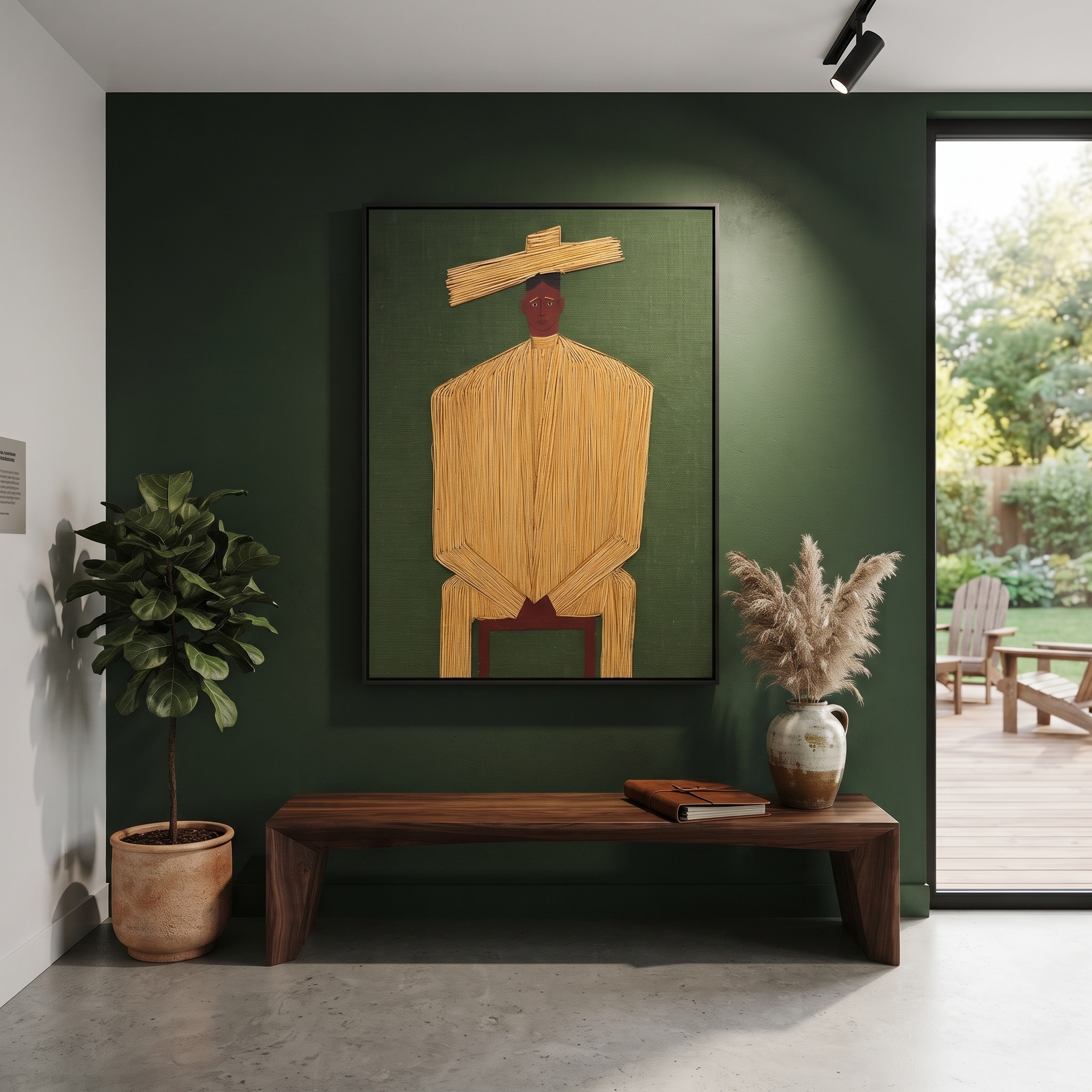 Golden Stillness Takes a Seat - Seated Gold Robe Figure painting by Adrian Lee, mid-century modern vertical wall art – styled room scene view 5