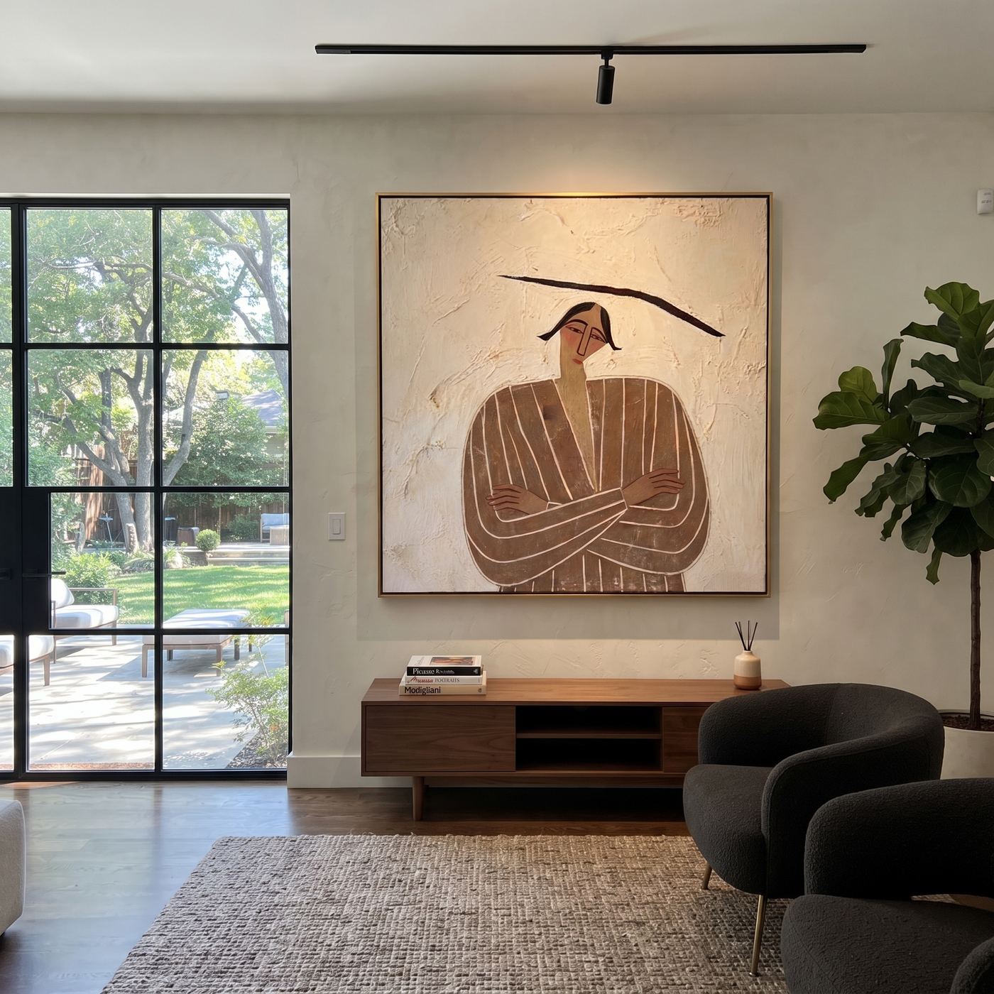 Brown Lines Fold Quietly - Folded Arm Brown Figure painting by Adrian Lee, mid-century modern square wall art – styled room scene view 1