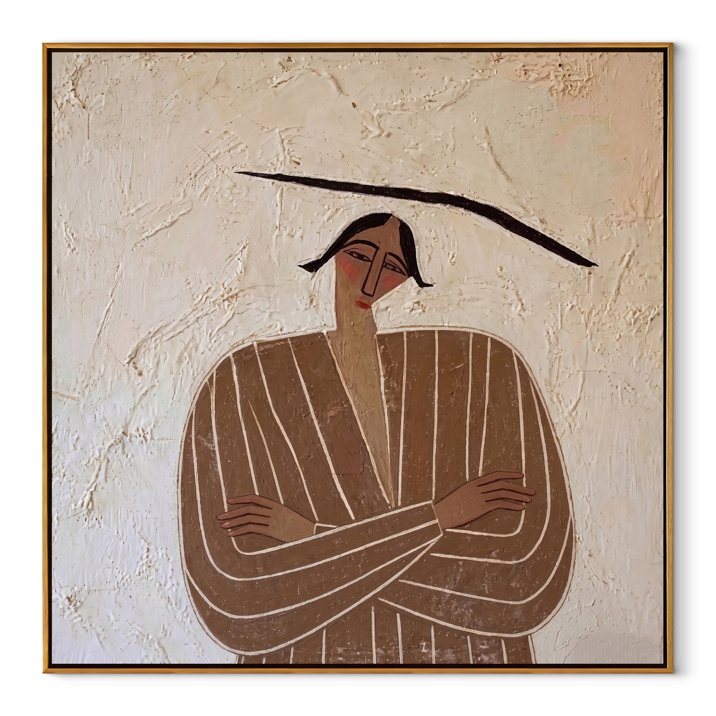 Brown Lines Fold Quietly - Folded Arm Brown Figure painting by Adrian Lee, mid-century modern square wall art – wood frame on white background