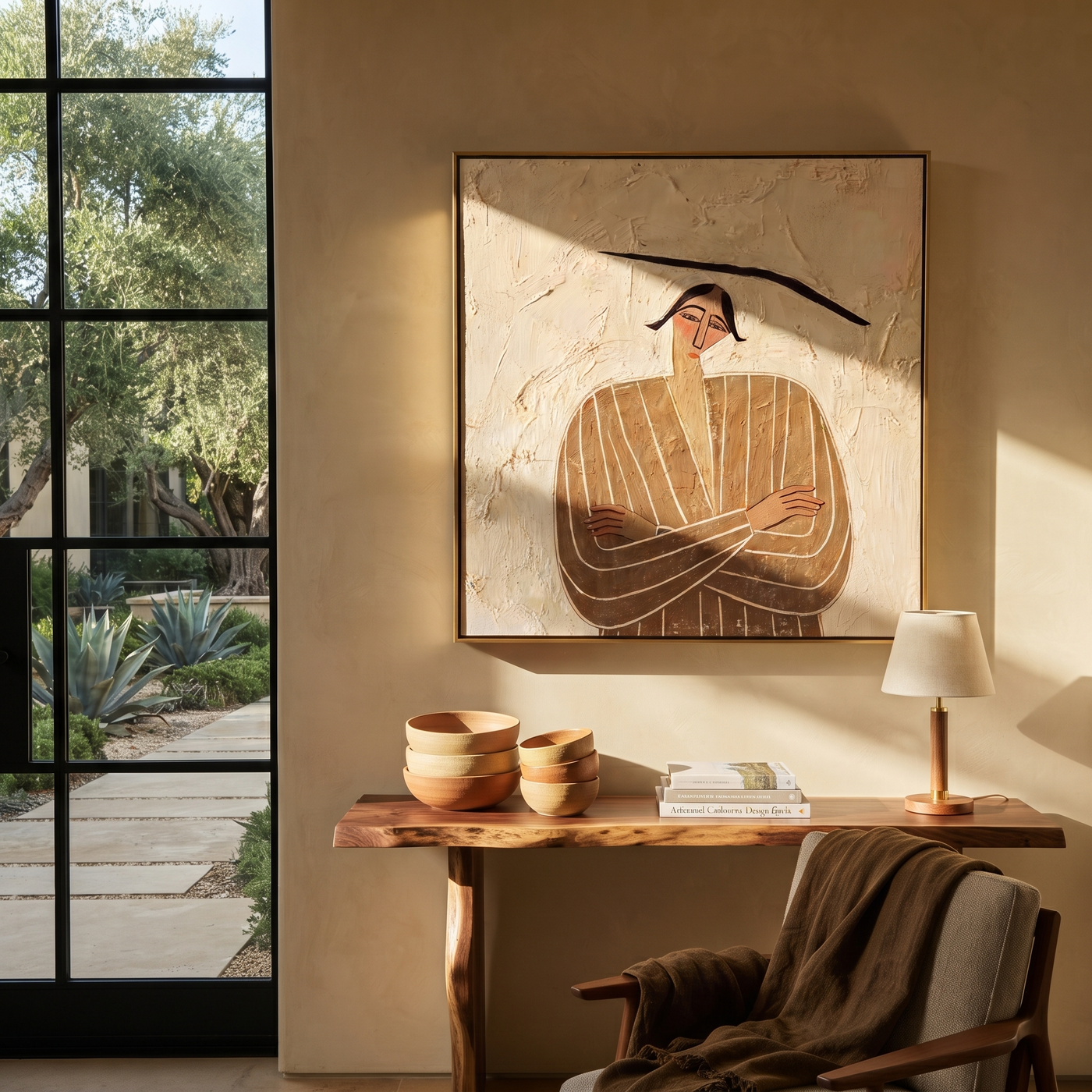 Brown Lines Fold Quietly - Folded Arm Brown Figure painting by Adrian Lee, mid-century modern square wall art – styled room scene view 2