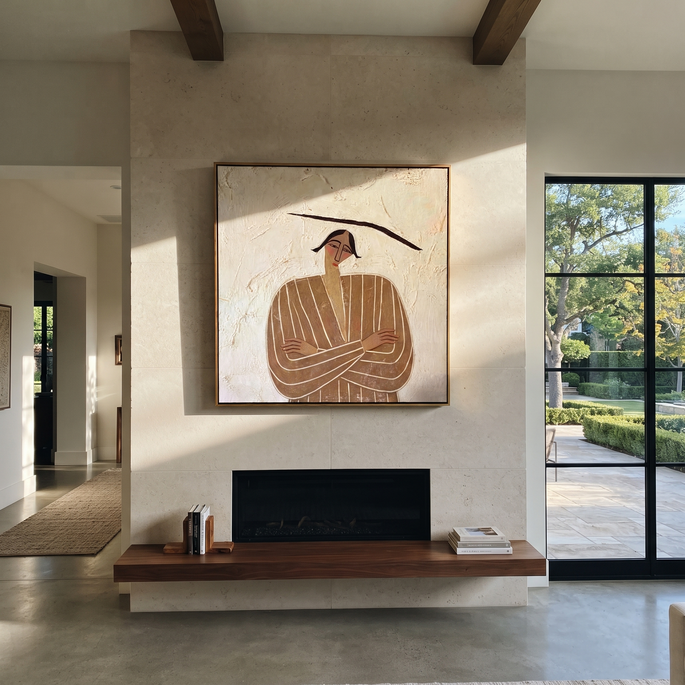 Brown Lines Fold Quietly - Folded Arm Brown Figure painting by Adrian Lee, mid-century modern square wall art – styled room scene view 3