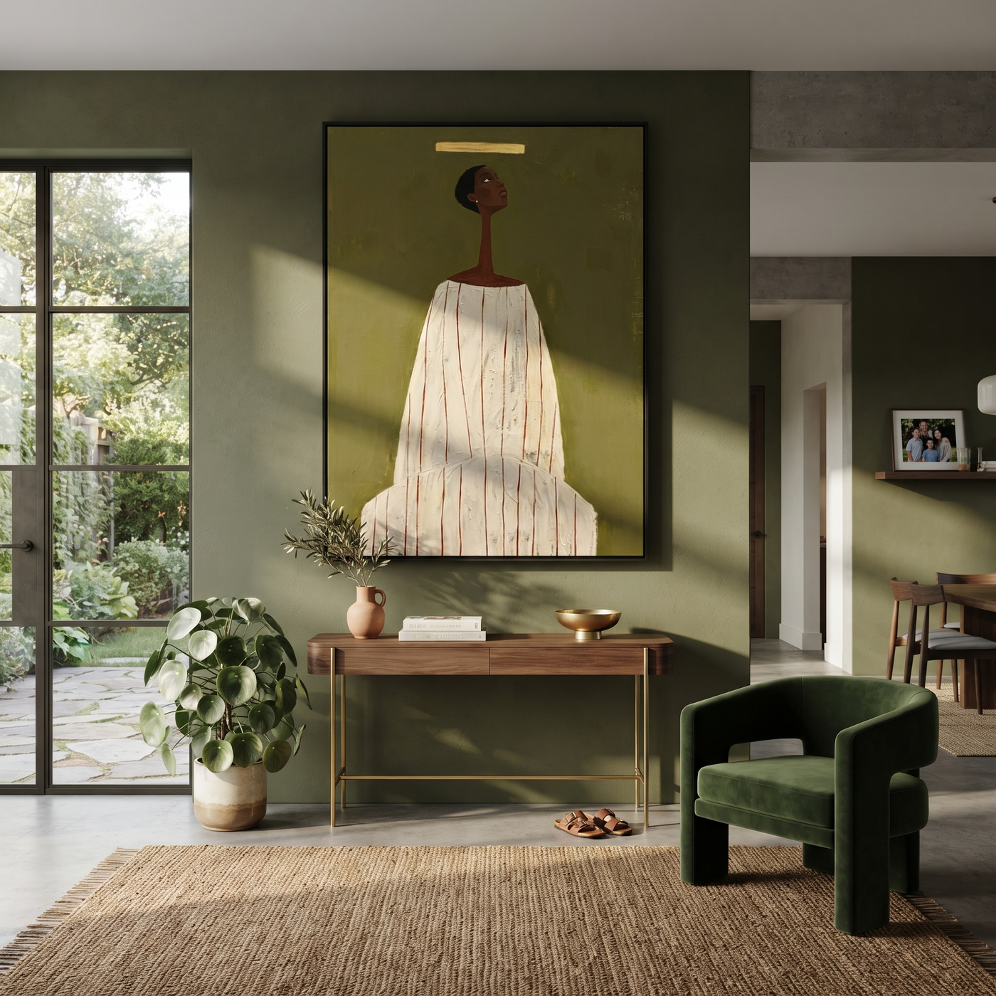 Ivory Column Faces Olive - Tall Ivory Robe Portrait painting by Adrian Lee, mid-century modern vertical wall art – styled room scene view 1
