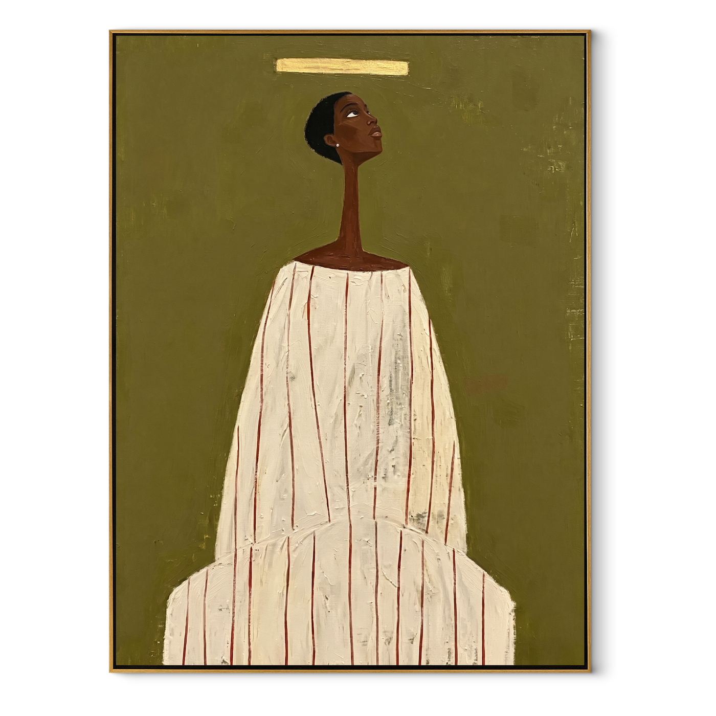 Ivory Column Faces Olive - Tall Ivory Robe Portrait painting by Adrian Lee, mid-century modern vertical wall art – wood frame on white background