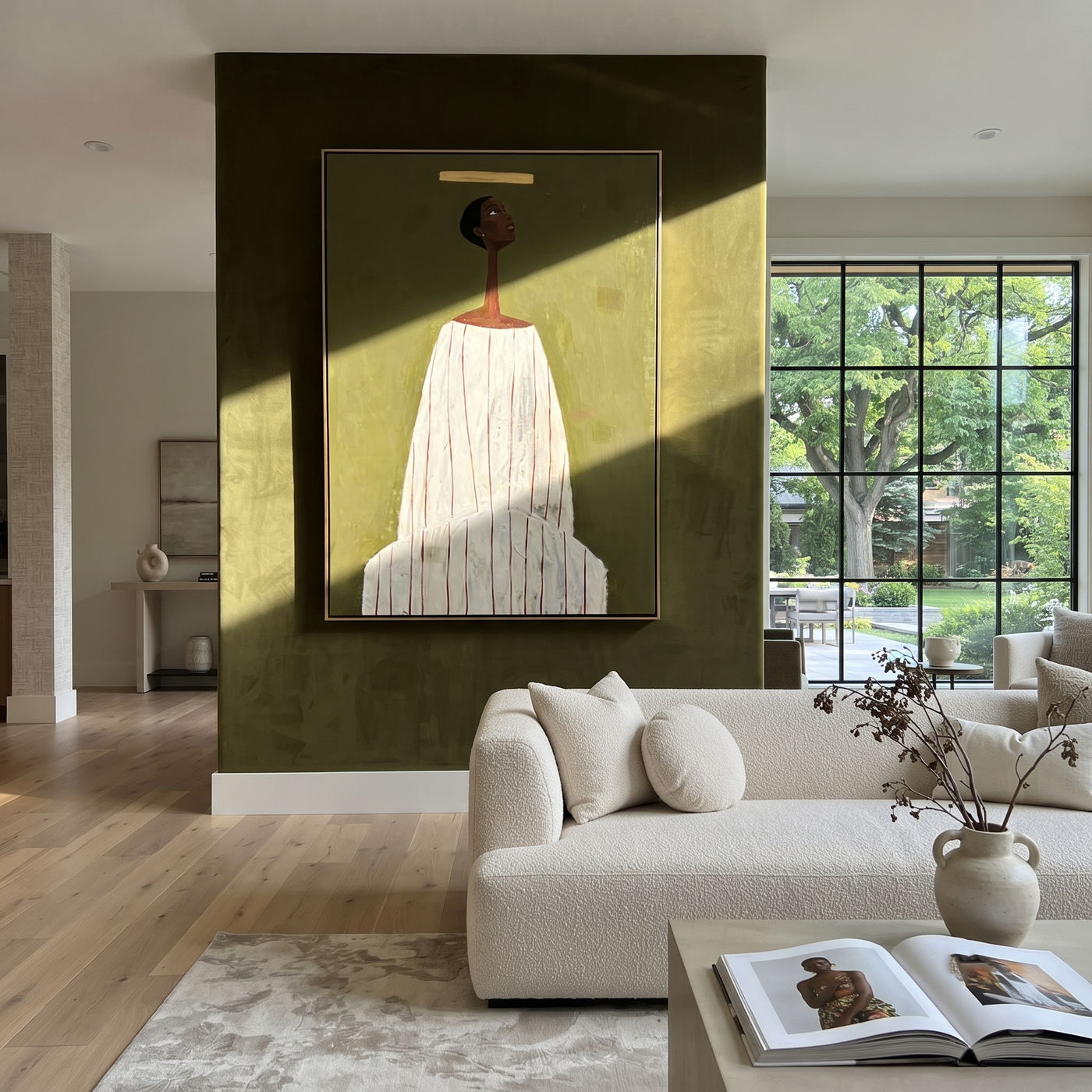 Ivory Column Faces Olive - Tall Ivory Robe Portrait painting by Adrian Lee, mid-century modern vertical wall art – styled room scene view 2