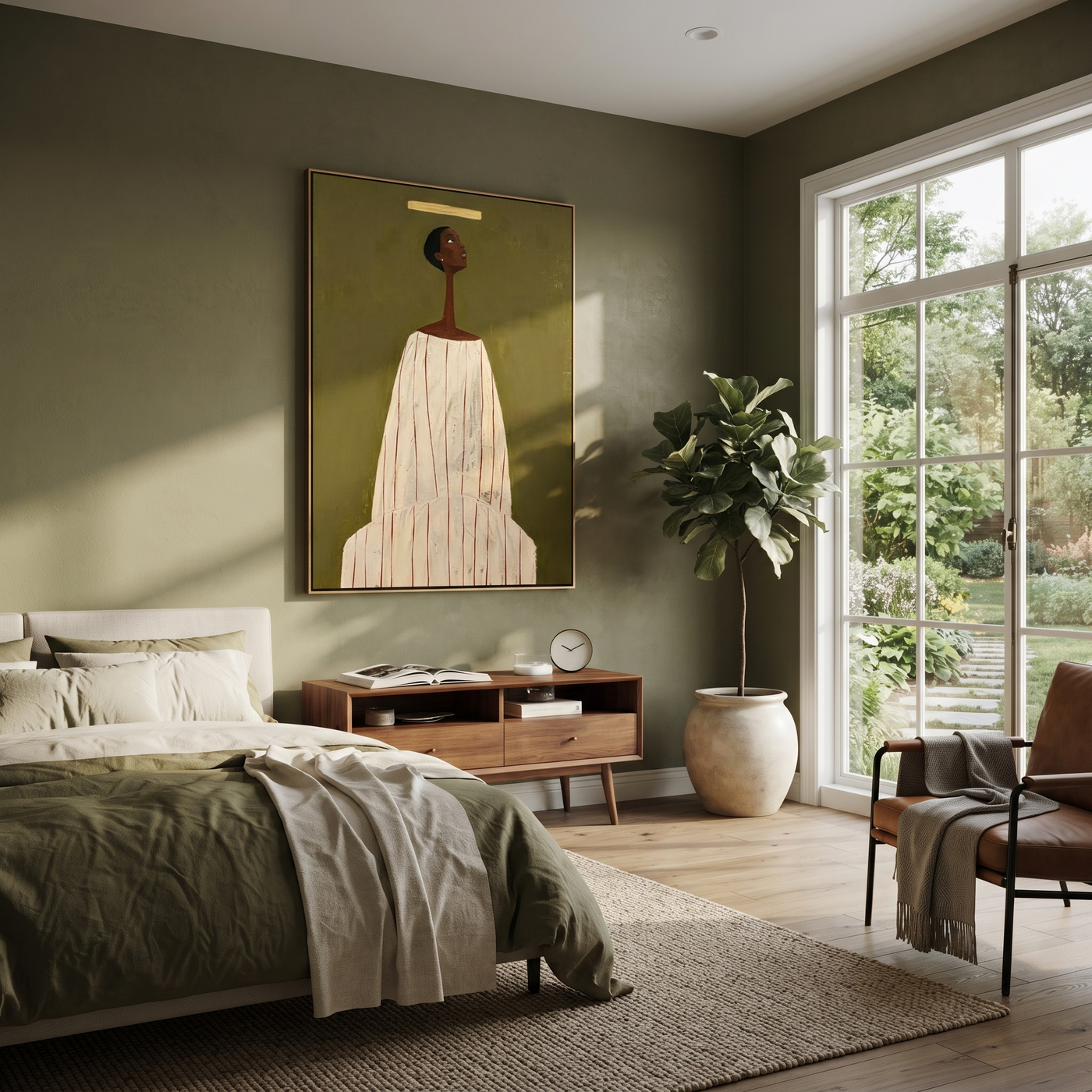 Ivory Column Faces Olive - Tall Ivory Robe Portrait painting by Adrian Lee, mid-century modern vertical wall art – styled room scene view 3