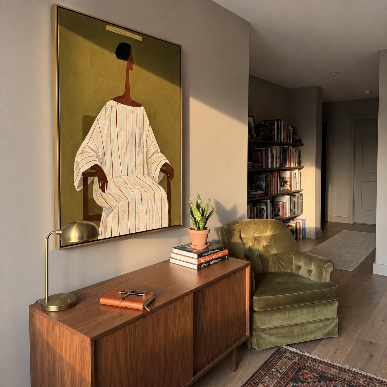 Ivory Lines Take the Chair - Seated Ivory Robe Portrait painting by Adrian Lee, mid-century modern vertical wall art – styled room scene view 1