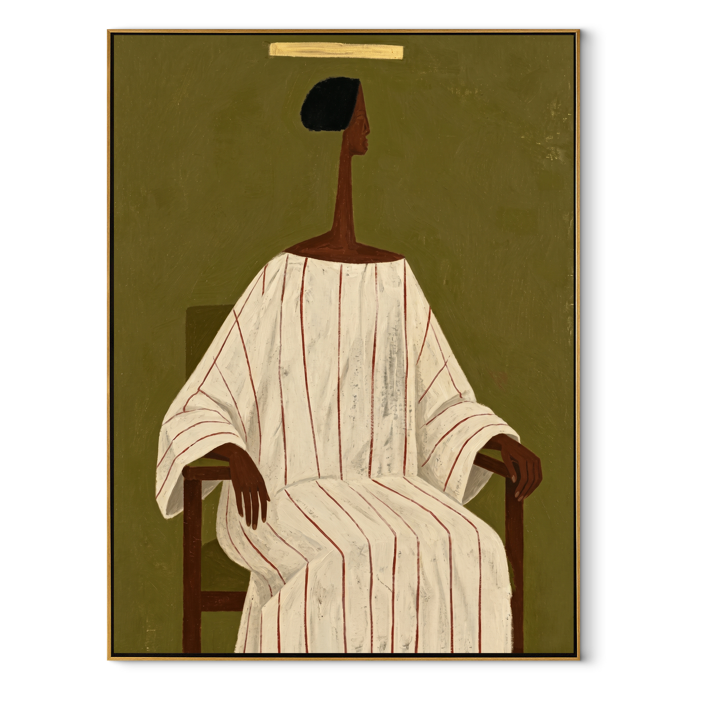 Ivory Lines Take the Chair - Seated Ivory Robe Portrait painting by Adrian Lee, mid-century modern vertical wall art – wood frame on white background