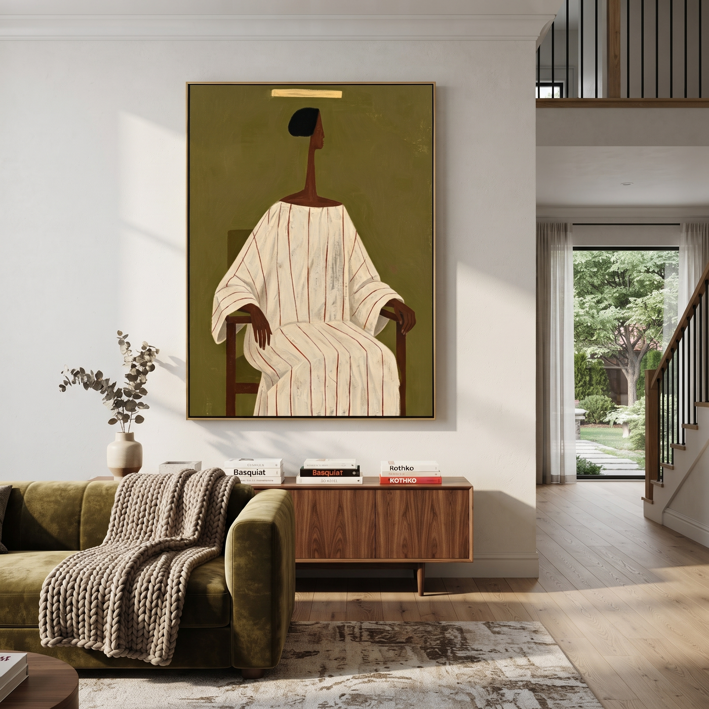 Ivory Lines Take the Chair - Seated Ivory Robe Portrait painting by Adrian Lee, mid-century modern vertical wall art – styled room scene view 2