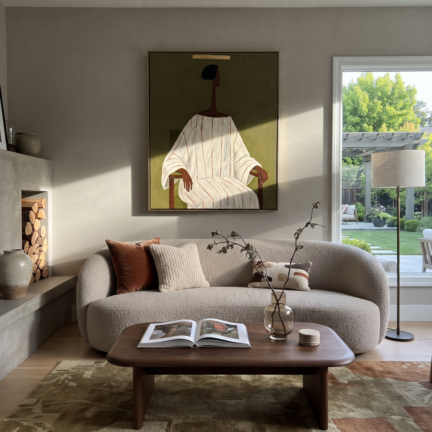 Ivory Lines Take the Chair - Seated Ivory Robe Portrait painting by Adrian Lee, mid-century modern vertical wall art – styled room scene view 3