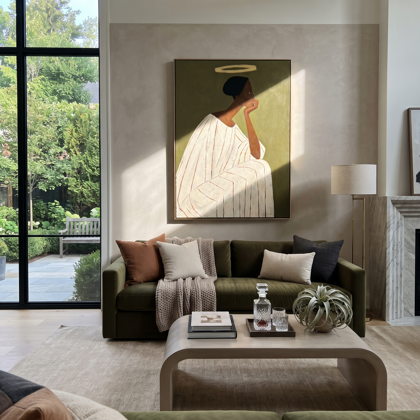 White Robe Holds a Thought - Contemplative Ivory Figure painting by Adrian Lee, mid-century modern vertical wall art – styled room scene view 1