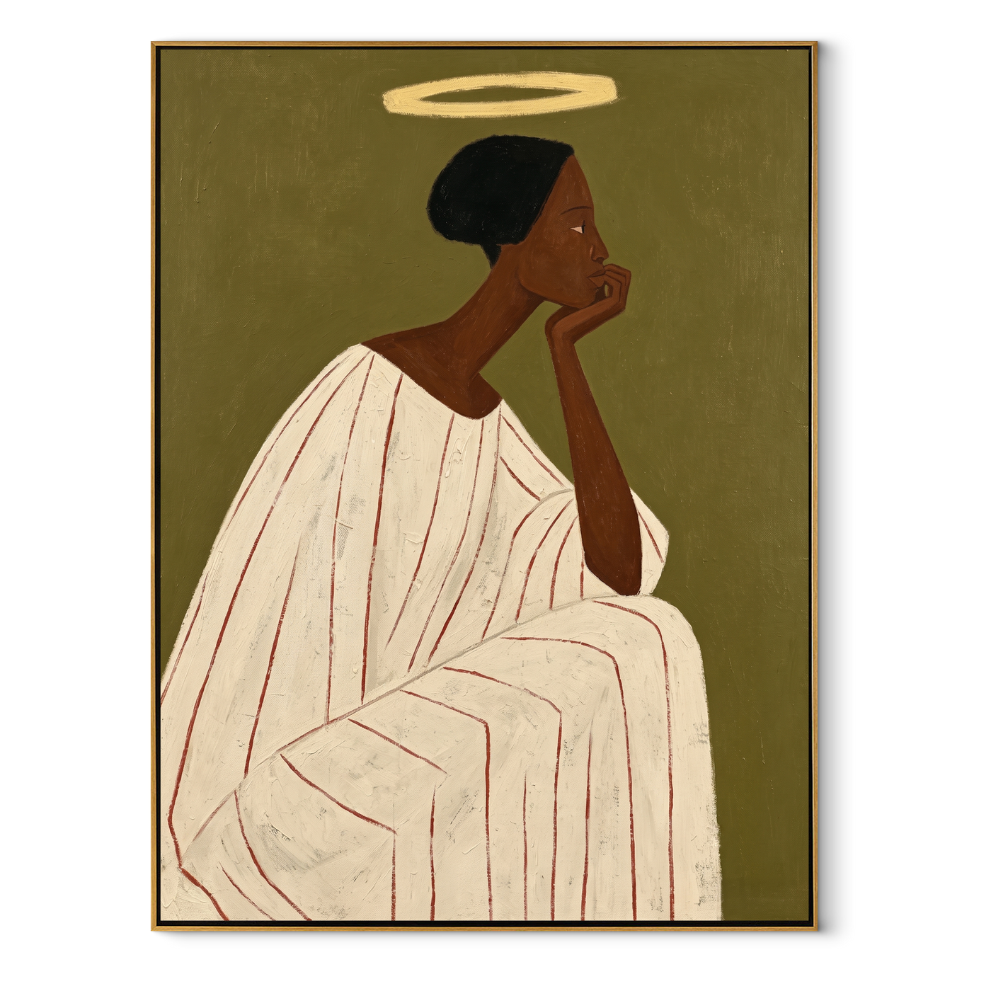White Robe Holds a Thought - Contemplative Ivory Figure painting by Adrian Lee, mid-century modern vertical wall art – wood frame on white background